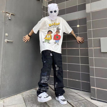 Aidase  Men's Fashion High Street Holes Jeans Trend American Casual Pants Loose White/black Straight Pants Hip-hop Style Trousers aidase-shop